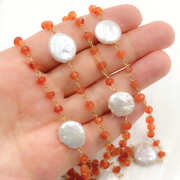 Carnelian & Pearl Round Shape Bezel Gold Plated Wire Chain